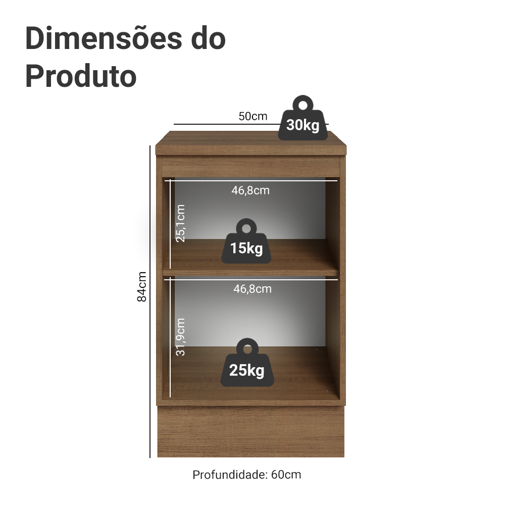 Balcão de Cozinha 50 x 60cm 1 Porta (Com Tampo) Rustic/Branco Agata Madesa