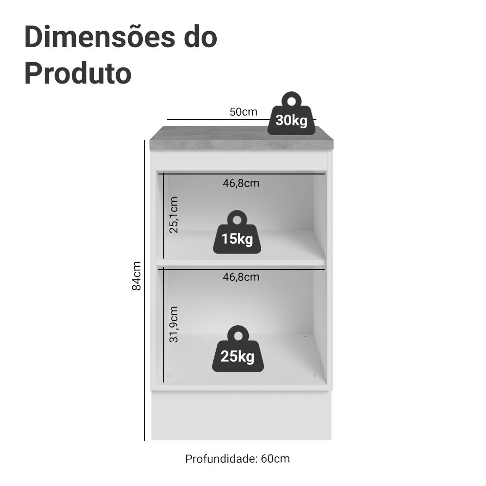 Balcão de Cozinha 50 x 60cm 1 Porta (Com Tampo) Branco/Cinza Agata Madesa