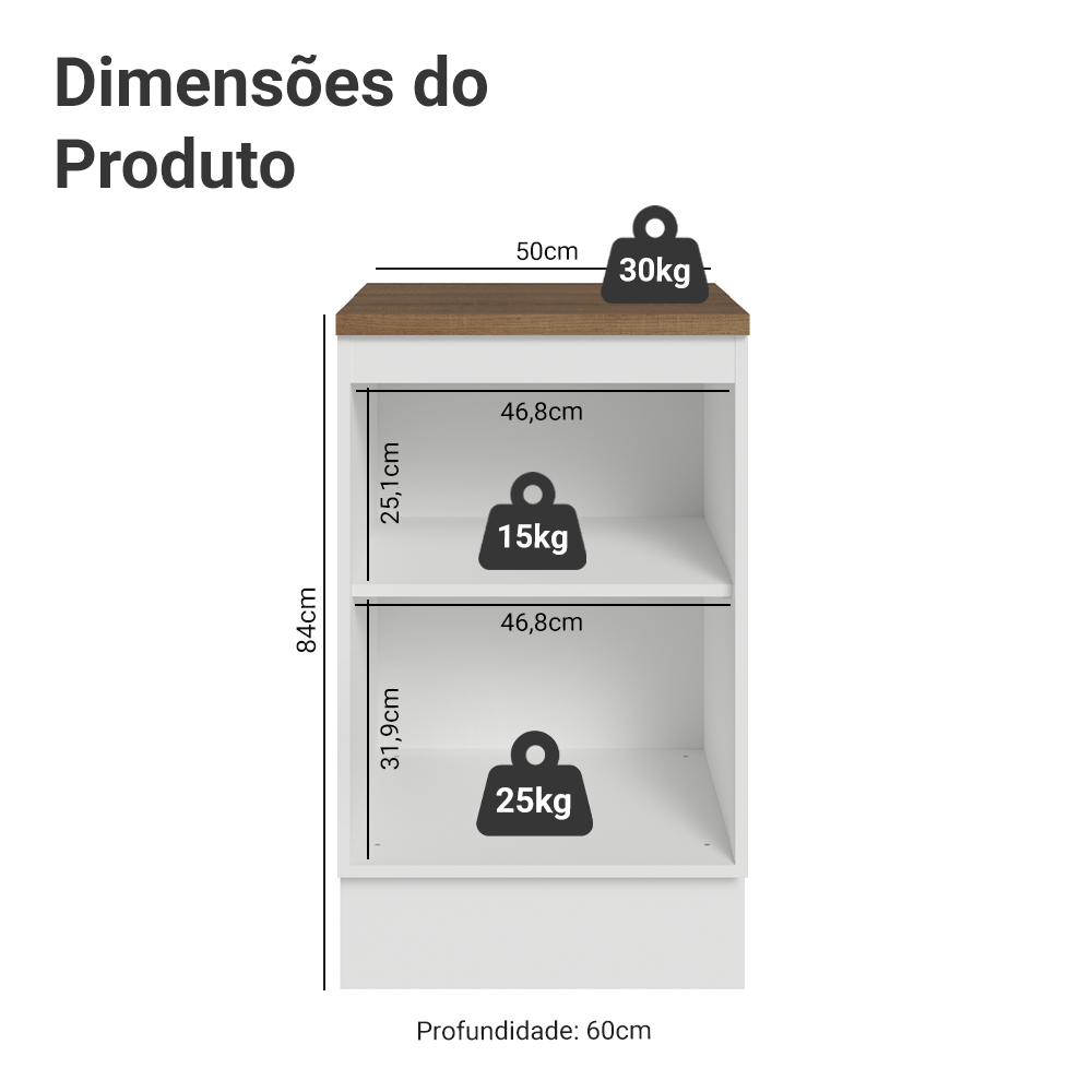 Balcão de Cozinha 50 x 60cm 1 Porta Branco Tampo Rustic Glamy Madesa