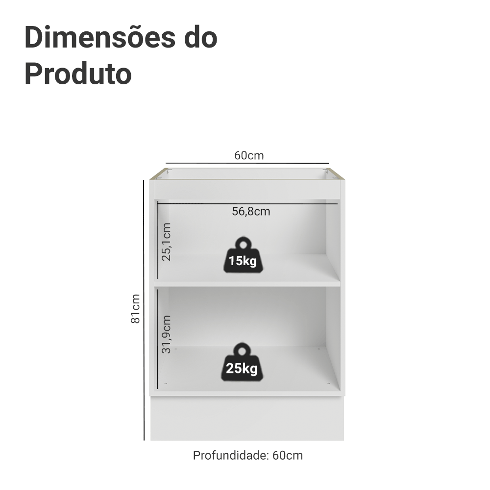 Balcão de Cozinha 60 x 60 cm 1 Porta (Sem Tampo) Branco/Crema Vik Madesa