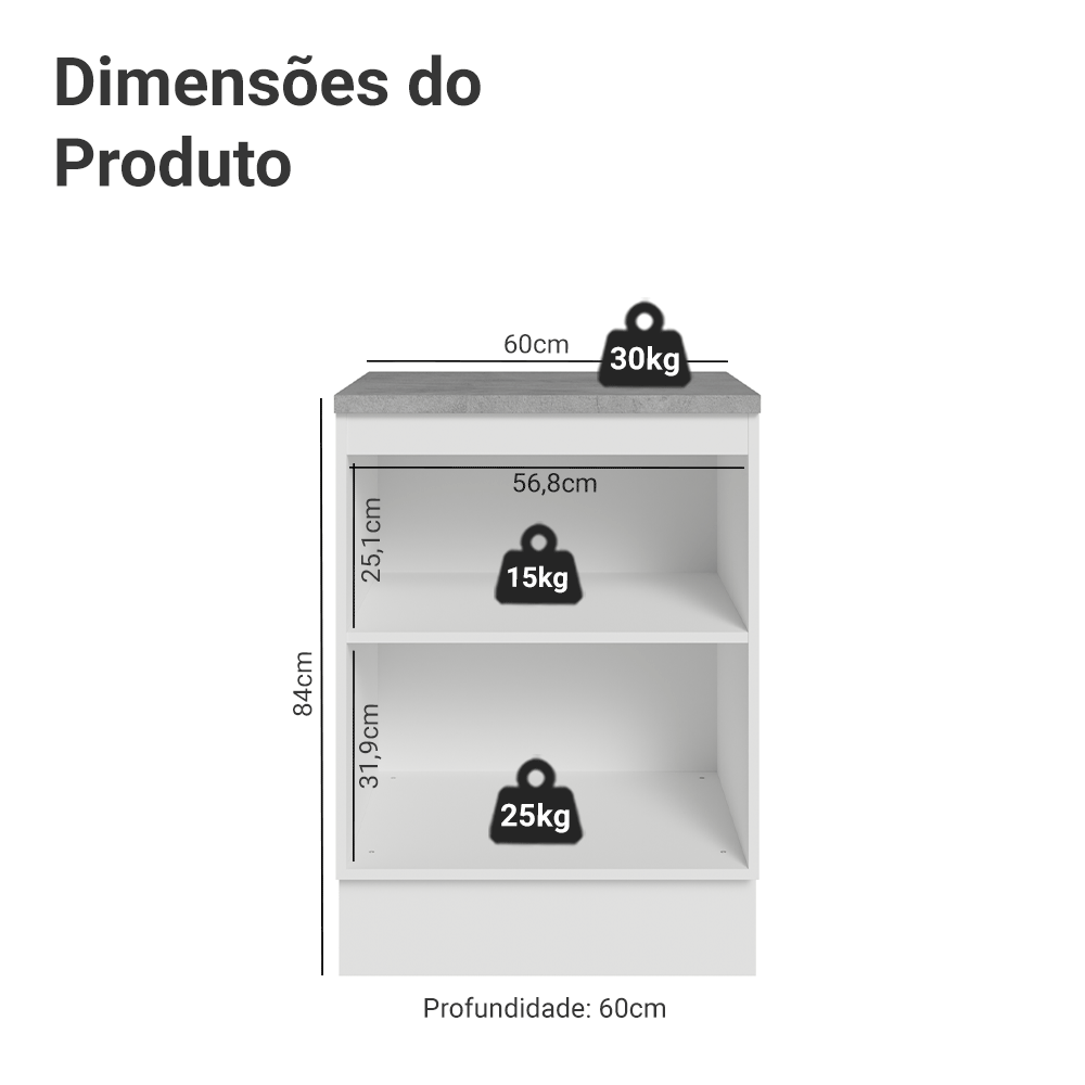 Balcão 60 x 60 cm 1 Porta (Com Tampo) Branco/Preto Lux Madesa