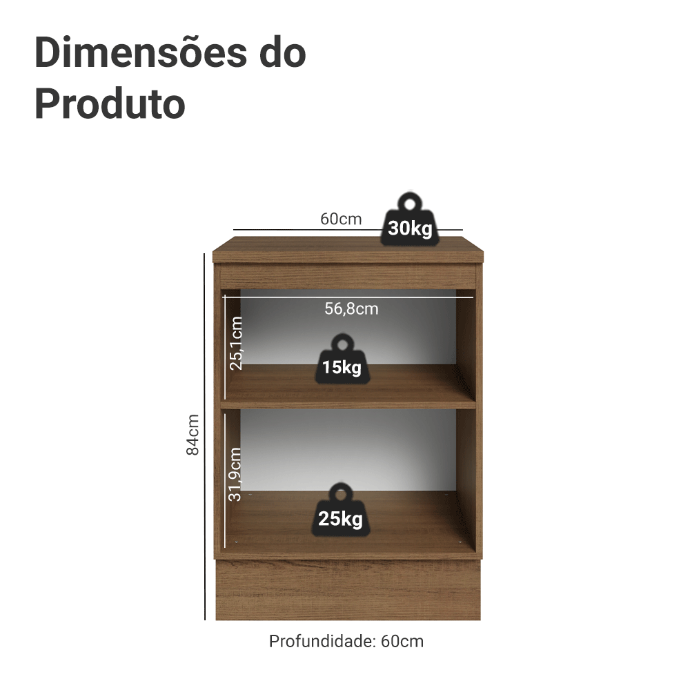 Balcão de Cozinha 60 x 60 cm 1 Porta (Com Tampo) Rustic/Crema Vik Madesa