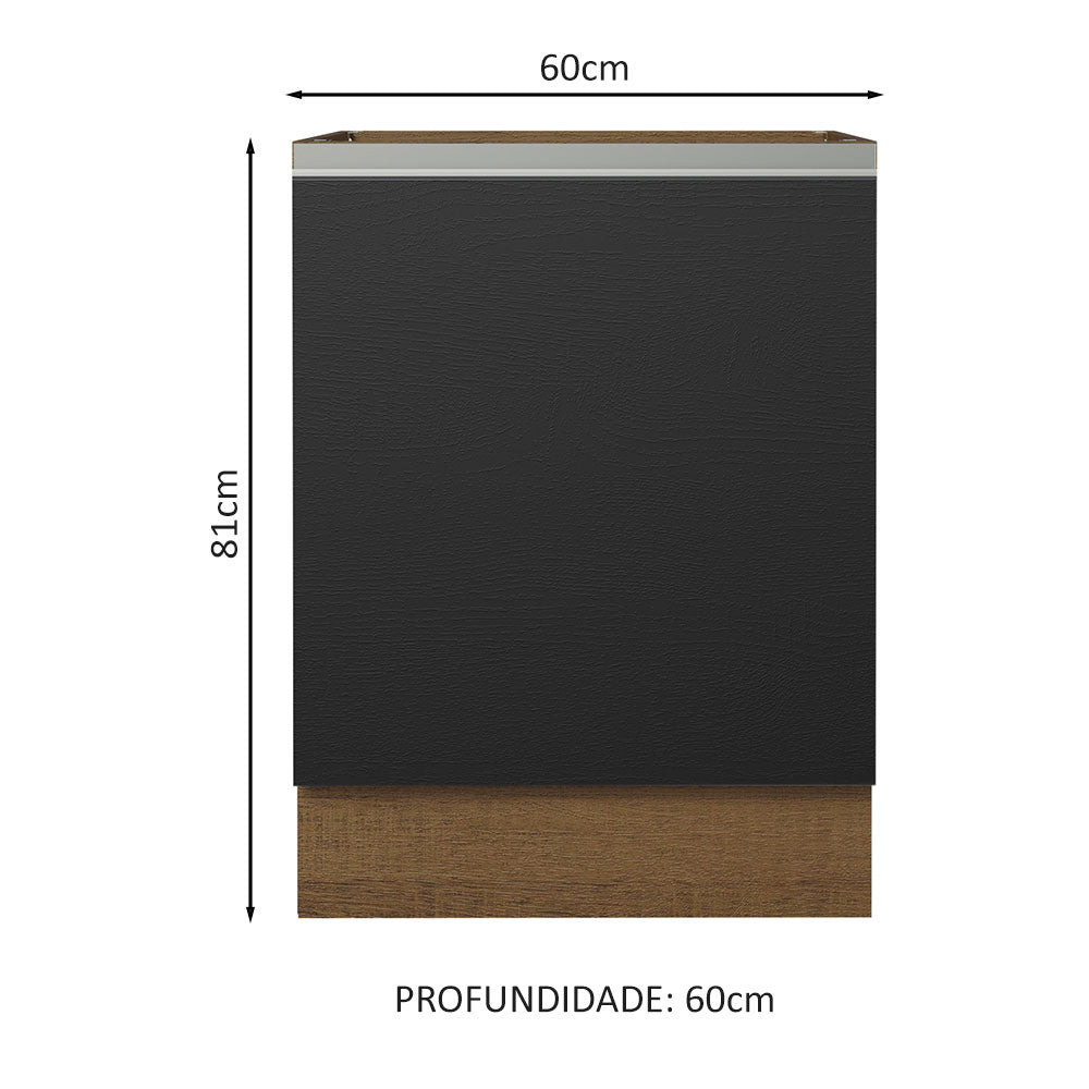 Balcão Cozinha 60 x 60 cm 1 Porta (Sem Tampo) Rustic/Preto Glamy Madesa