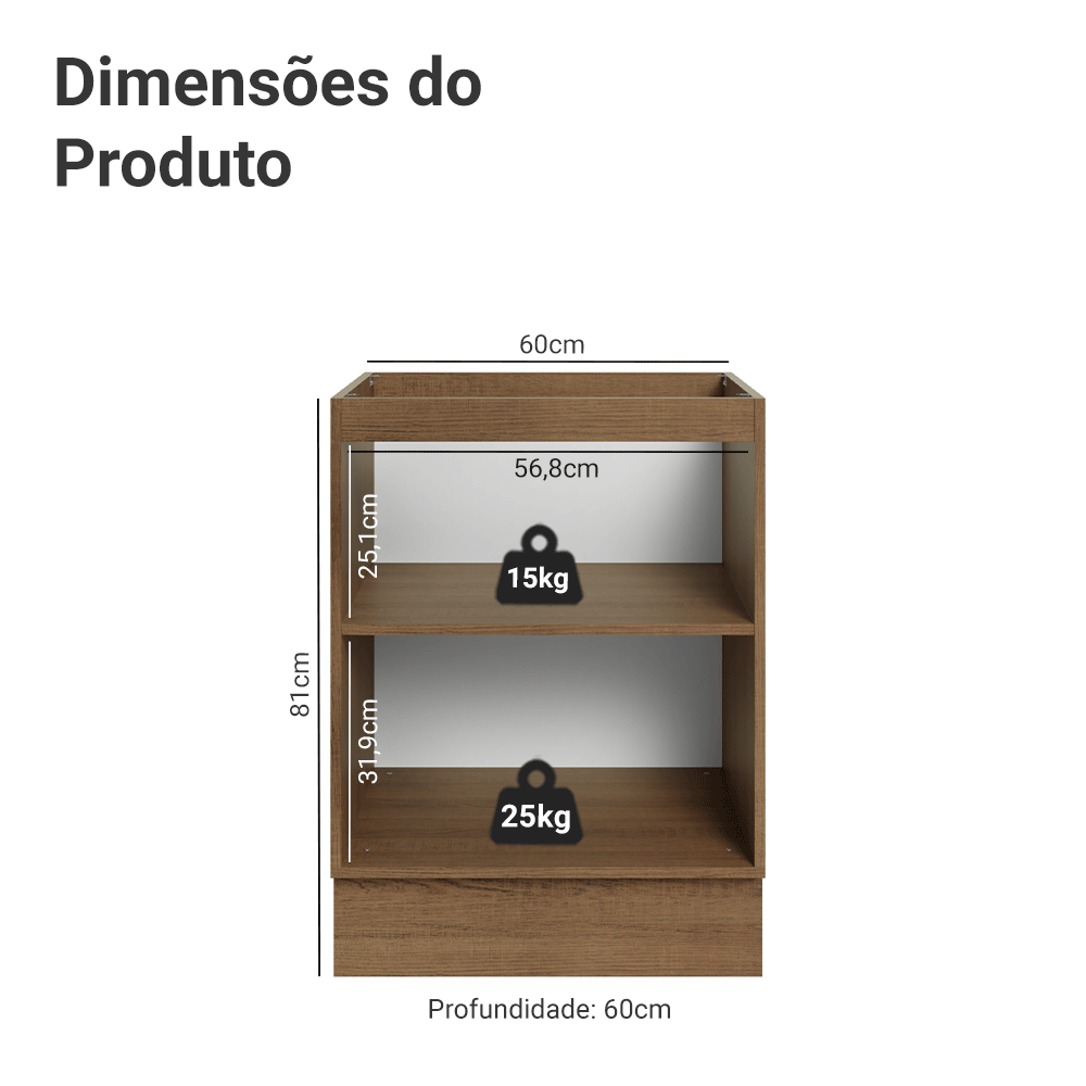 Balcão de Cozinha 60 x 60 cm 1 Porta (Sem Tampo) Rustic/Branco Veludo Lux Madesa