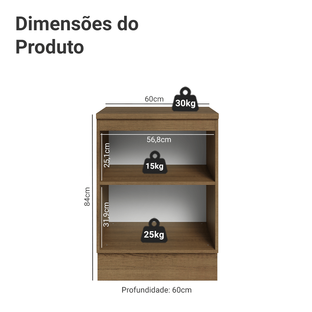 Balcão 60 x 60 cm 1 Porta (Com Tampo) Rustic/Branco Veludo Lux Madesa