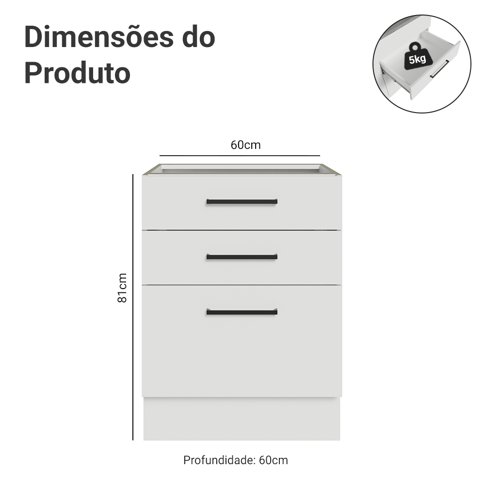 Balcão Madesa Agata 60 x 60 cm 3 Gavetas (Sem Tampo) Branco