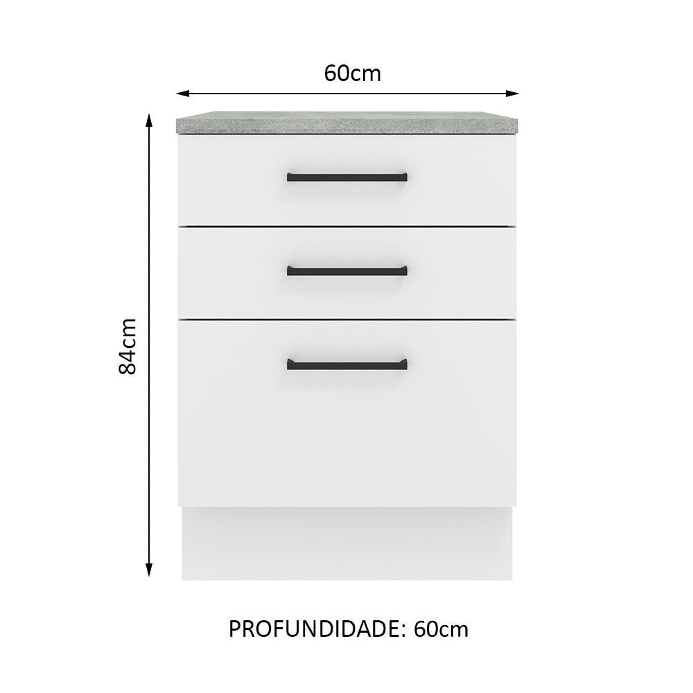 Balcão Madesa Agata 60 x 60 cm 3 Gavetas (Com Tampo) Branco