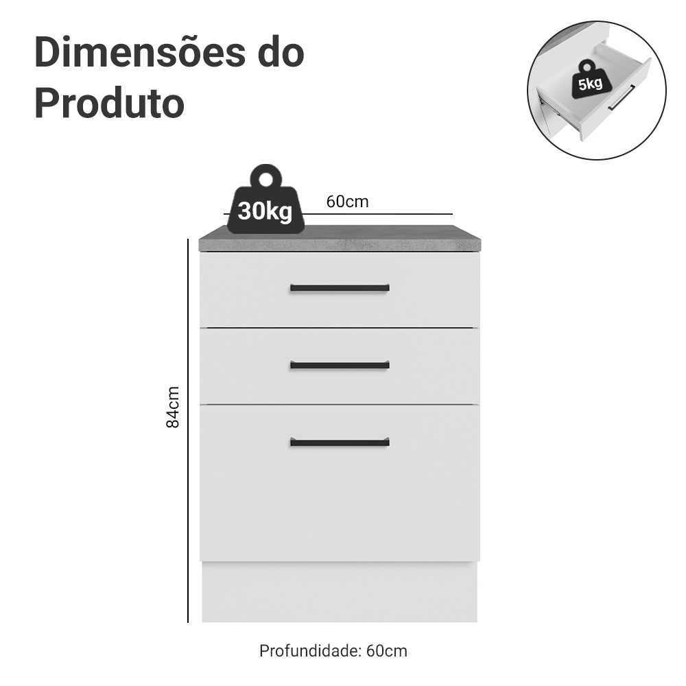 Balcão Madesa Agata 60 x 60 cm 3 Gavetas (Com Tampo) Branco