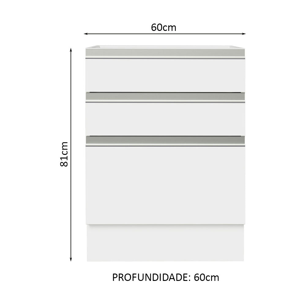 Balcão Cozinha 60 x 60 cm 3 Gavetas (Sem Tampo) Branco Glamy Madesa