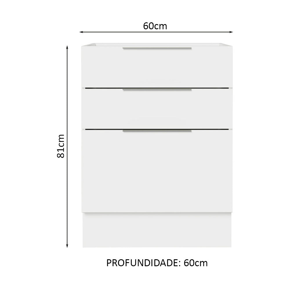 Balcão Cozinha 60 x 60 cm 3 Gavetas (Sem Tampo) Branco Stella Madesa