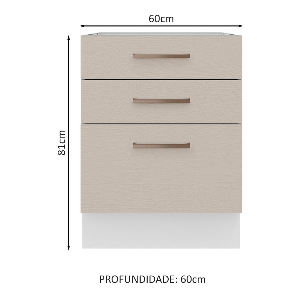Balcão 60 x 60 cm 3 Gavetas (Sem Tampo) Branco/Crema Agata Madesa