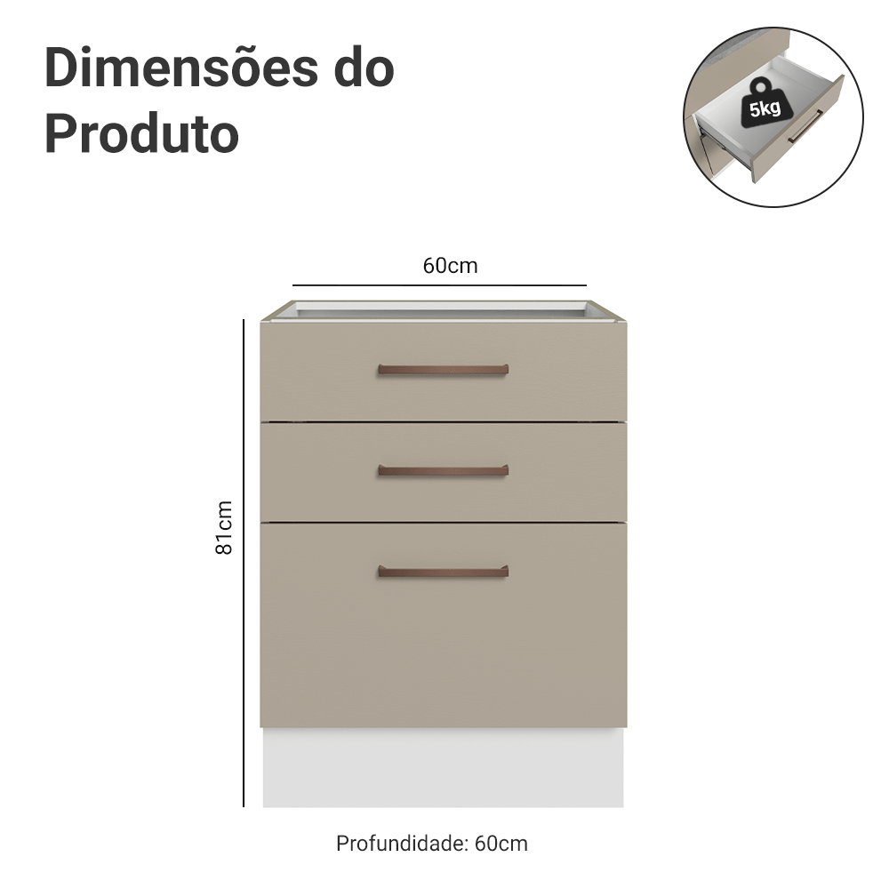 Balcão 60 x 60 cm 3 Gavetas (Sem Tampo) Branco/Crema Agata Madesa