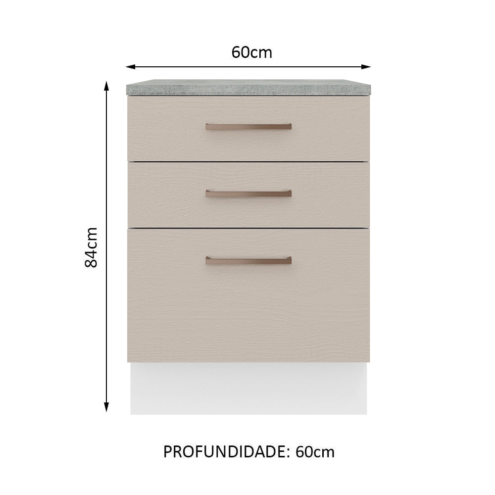 Balcão 60 x 60 cm 3 Gavetas (Com Tampo) Branco/Crema Agata Madesa