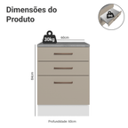 Balcão 60 x 60 cm 3 Gavetas (Com Tampo) Branco/Crema Agata Madesa