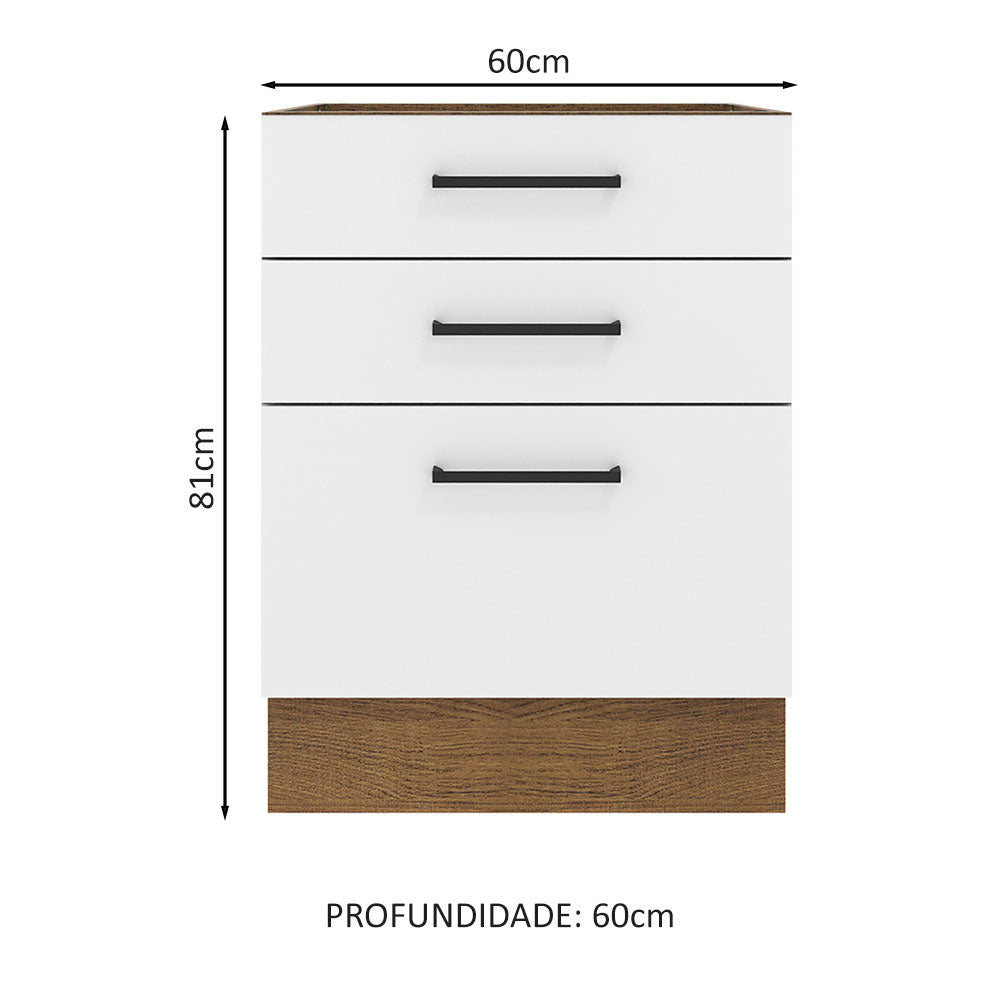 Balcão Madesa Agata 60 x 60 cm 3 Gavetas (Sem Tampo) Rustic/Branco