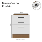 Balcão Madesa Agata 60 x 60 cm 3 Gavetas (Sem Tampo) Rustic/Branco