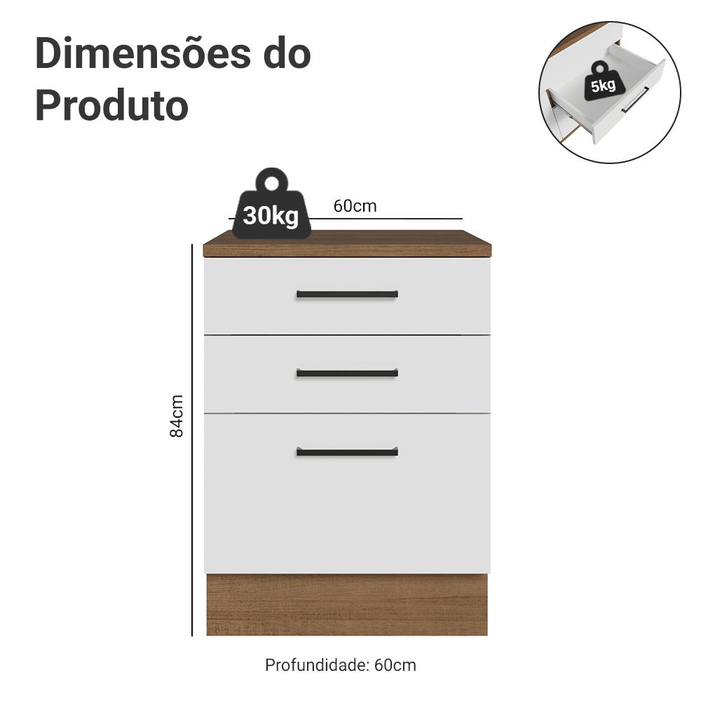 Balcão Madesa Agata 60 x 60 cm 3 Gavetas (Com Tampo) Rustic/Branco