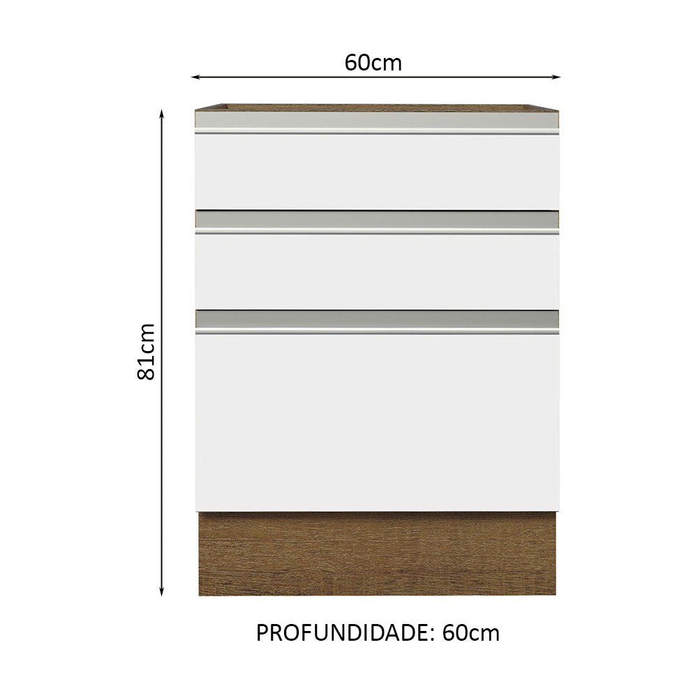 Balcão Cozinha 60 x 60 cm 3 Gavetas (Sem Tampo) Rustic/Branco Glamy Madesa