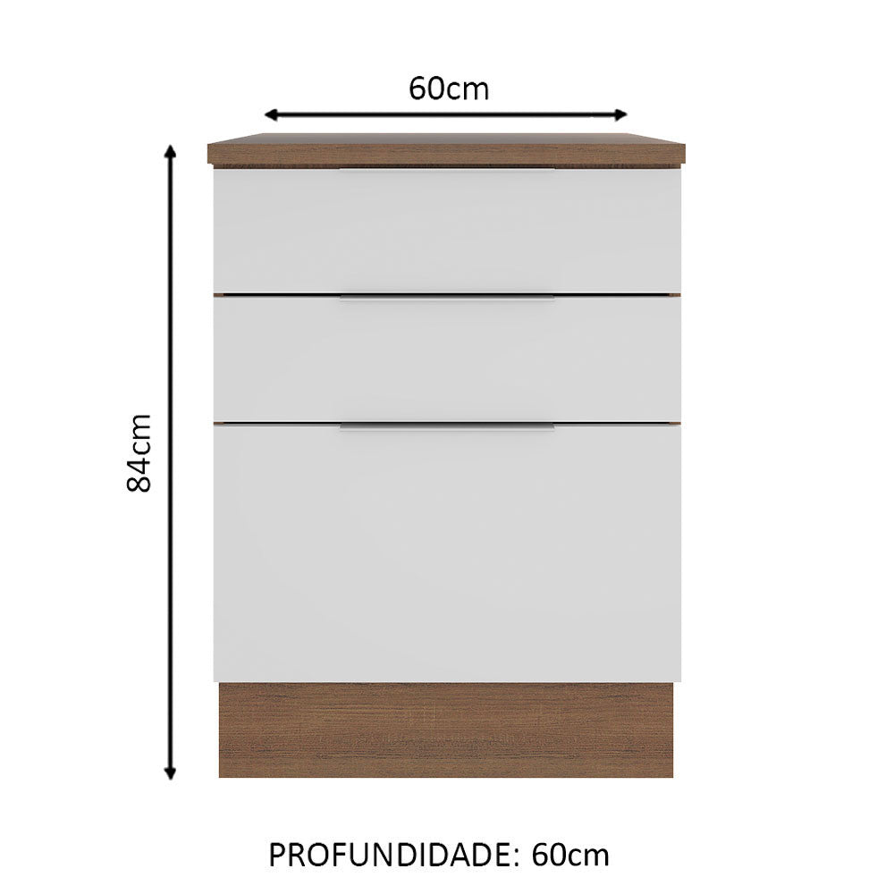 Balcão Madesa Stella 60 x 60 cm 3 Gavetas (Com Tampo) Rustic/Branco