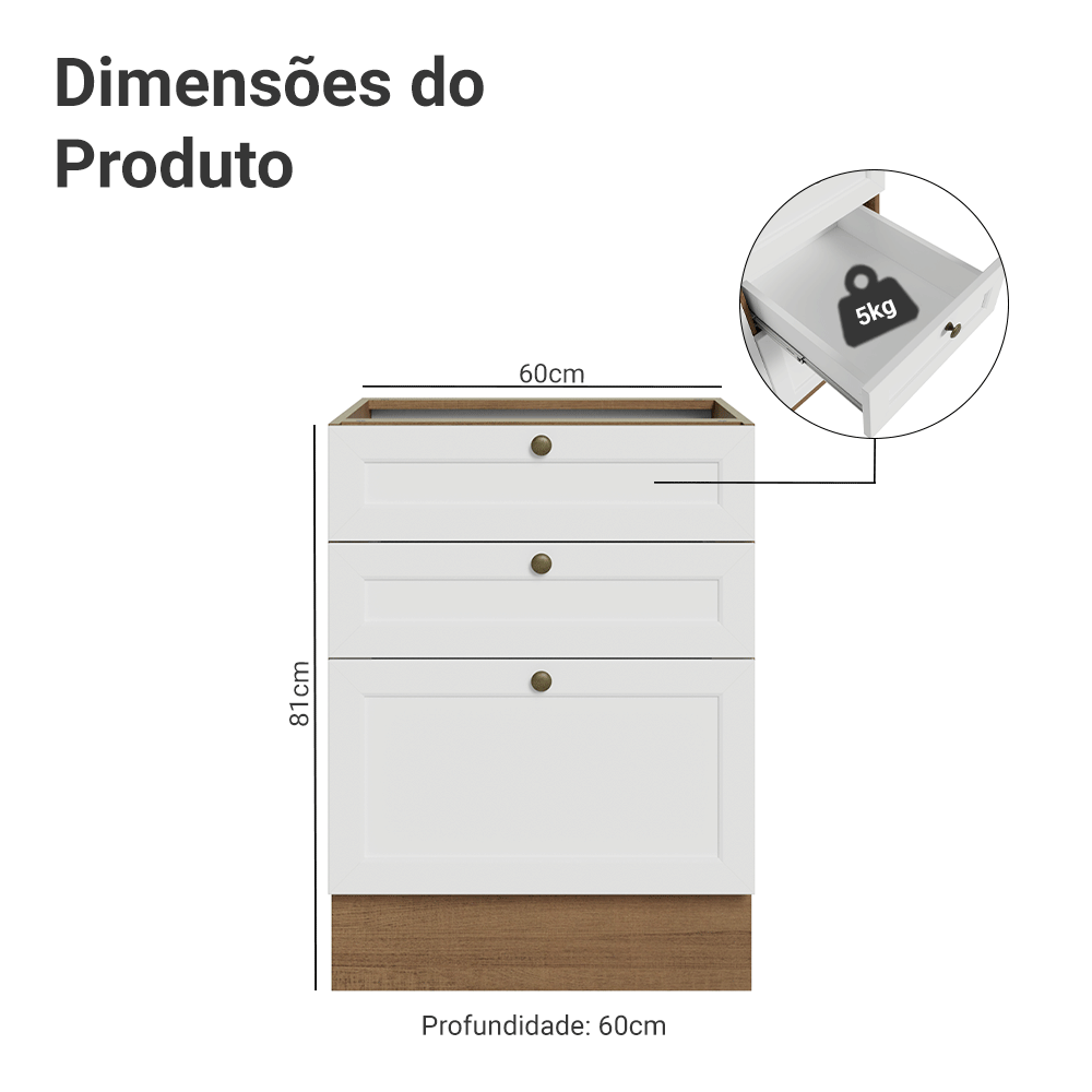 Balcão de Cozinha 60 x 60 cm 3 Gavetas (Sem Tampo) Rustic/Branco Vik Madesa