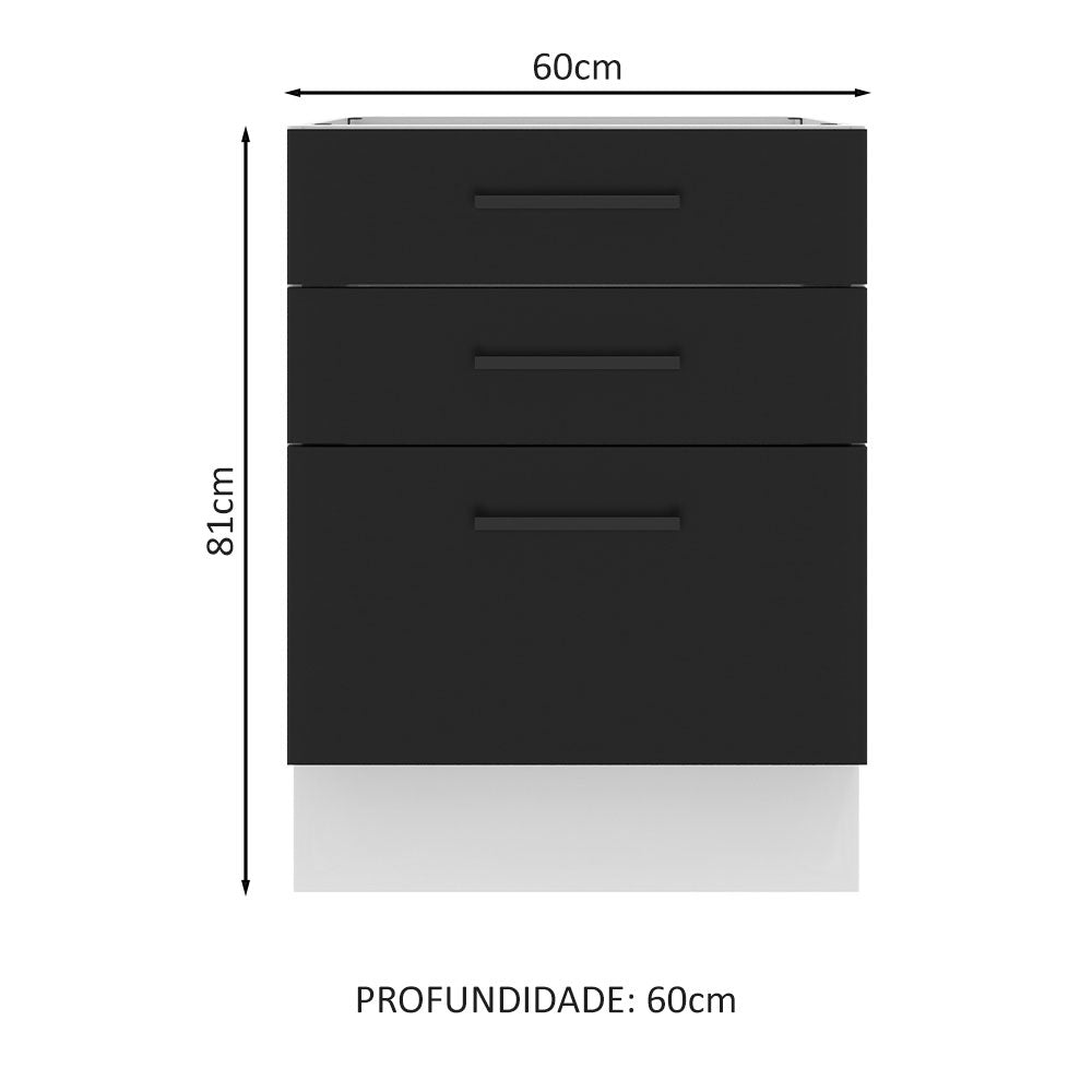 Balcão Madesa Agata 60 x 60 cm 3 Gavetas (Sem Tampo) Branco/Preto
