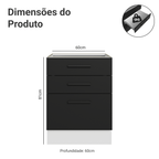 Balcão Madesa Agata 60 x 60 cm 3 Gavetas (Sem Tampo) Branco/Preto