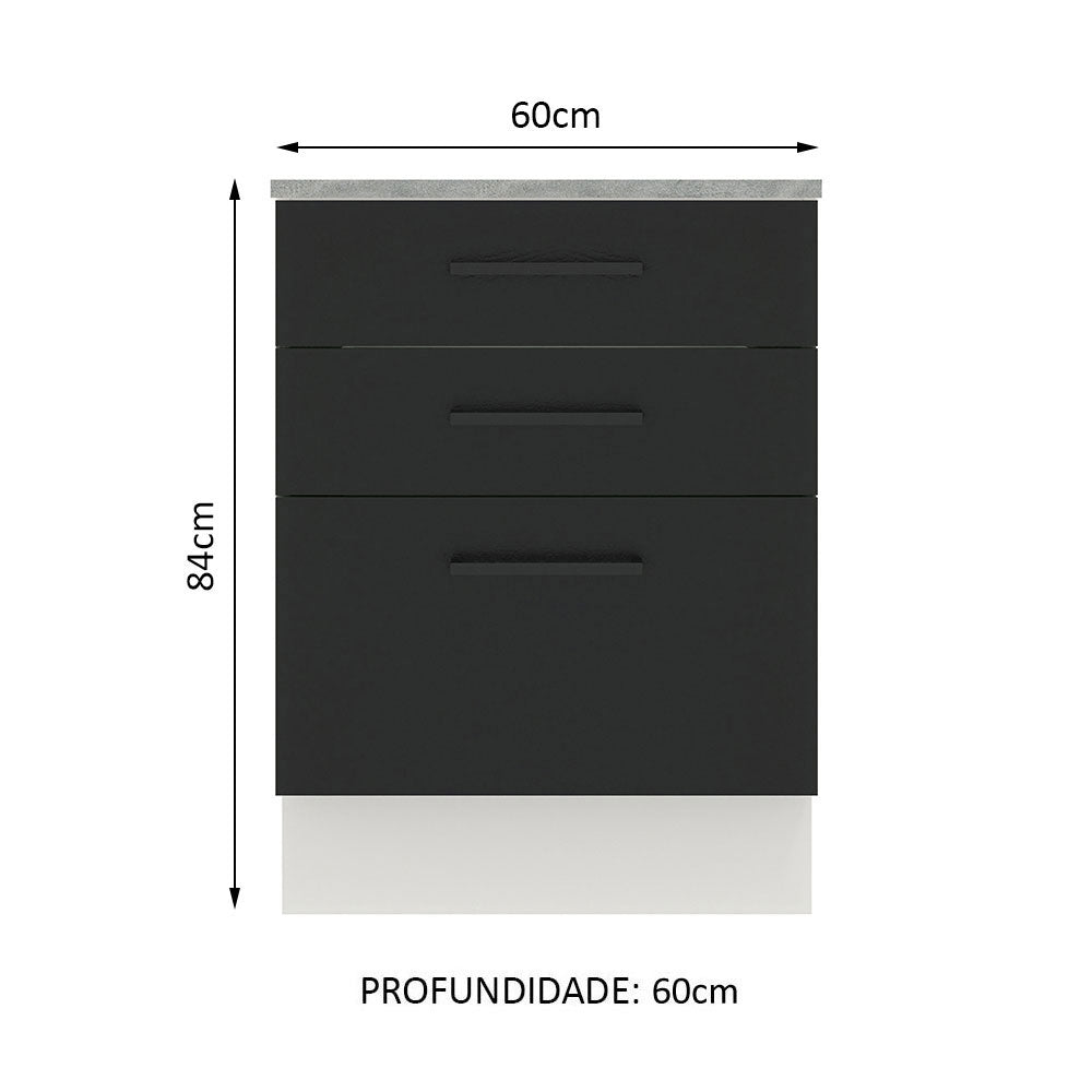 Balcão Madesa Agata 60 x 60 cm 3 Gavetas (Com Tampo) Branco/Preto
