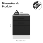 Balcão Madesa Agata 60 x 60 cm 3 Gavetas (Com Tampo) Branco/Preto