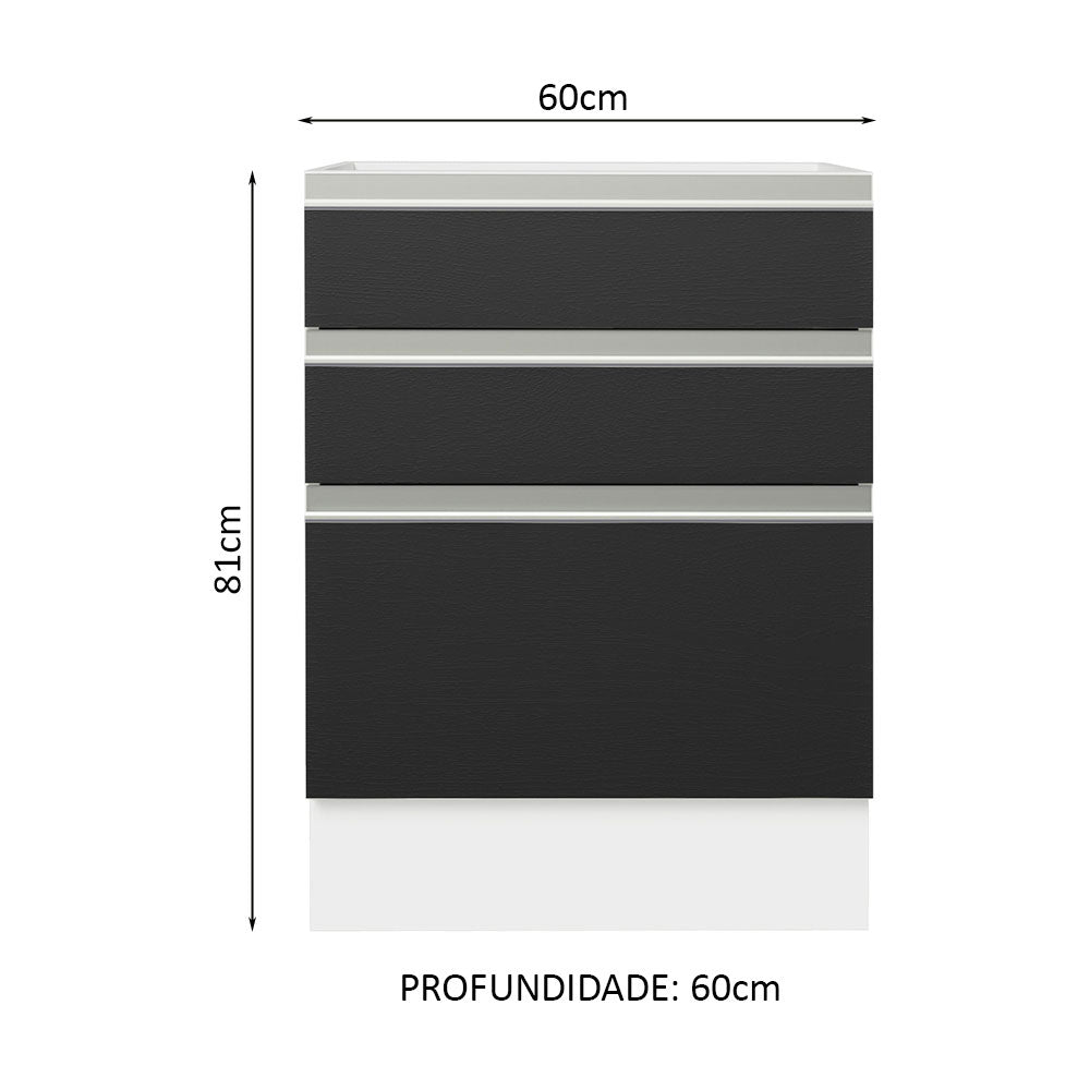Balcão Cozinha 60 x 60 cm 3 Gavetas (Sem Tampo) Branco/Preto Glamy Madesa