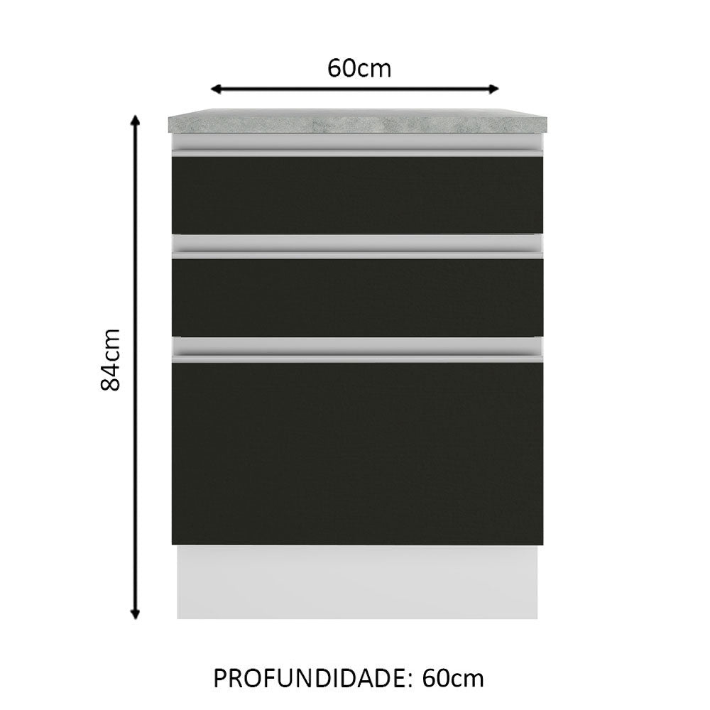 Balcão Madesa Glamy 60 x 60 cm 3 Gavetas (Com Tampo) Branco/Preto
