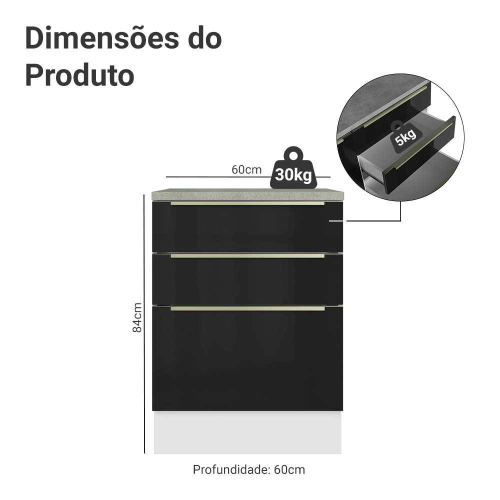 Balcão 60 x 60 cm 3 Gavetas (Com Tampo) Branco/Preto Lux Madesa