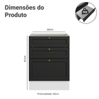 Balcão de Cozinha 60 x 60 cm 3 Gavetas (Sem Tampo) Branco/Preto Vik Madesa