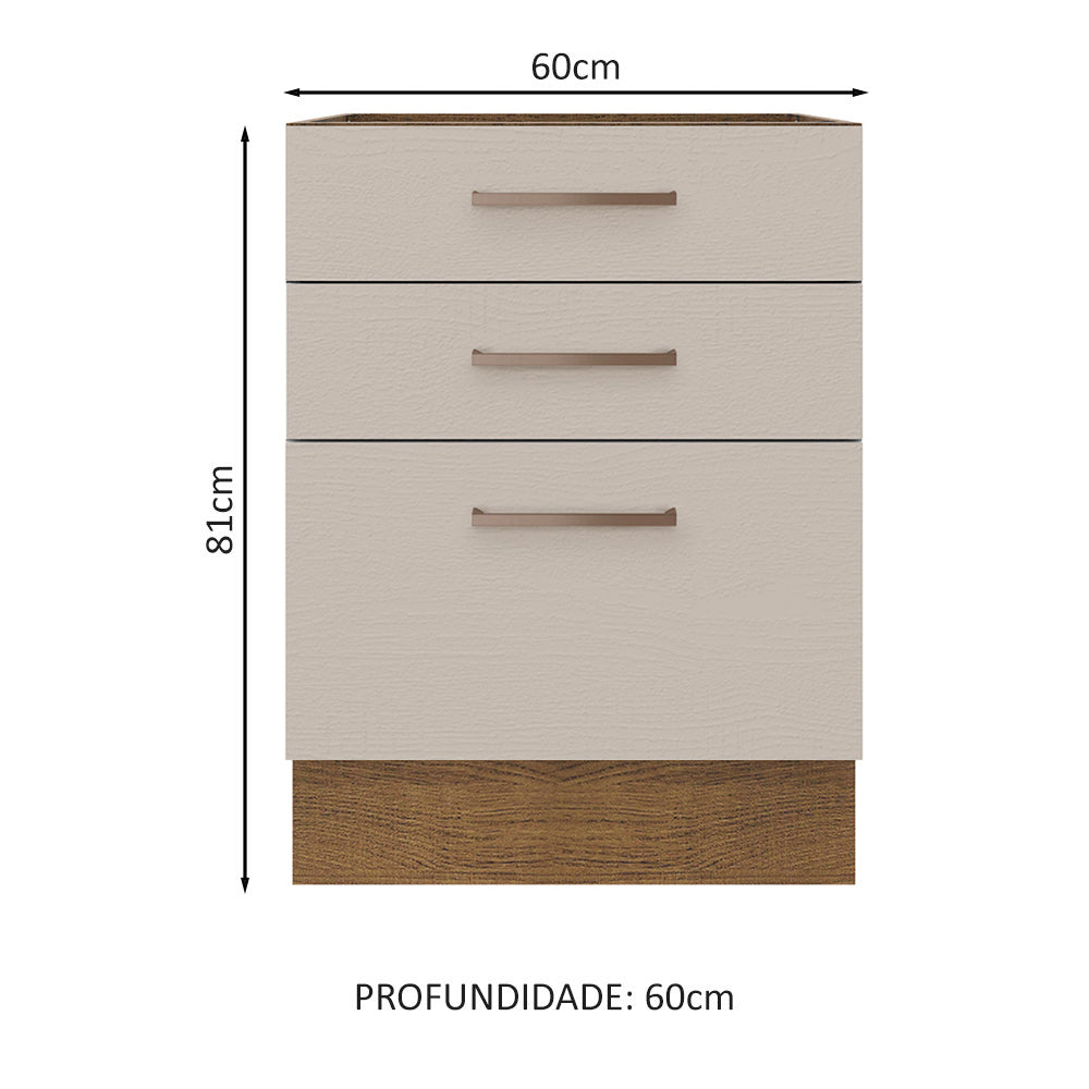Balcão 60 x 60 cm 3 Gavetas (Sem Tampo) Rustic/Crema Agata Madesa