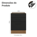 Balcão Madesa Agata 60 x 60 cm 3 Gavetas (Sem Tampo) Rustic/Preto
