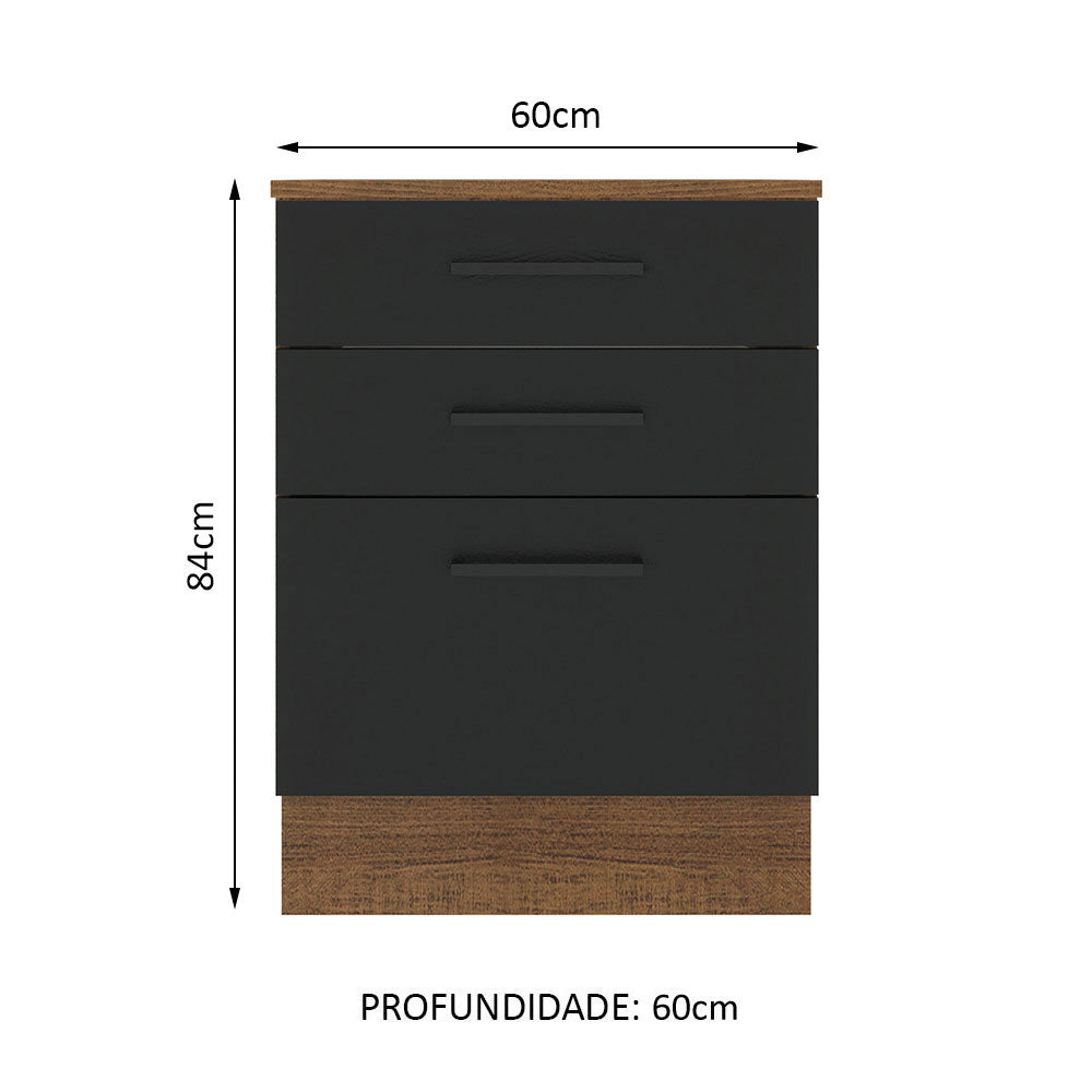 Balcão Madesa Agata 60 x 60 cm 3 Gavetas (Com Tampo) Rustic/Preto