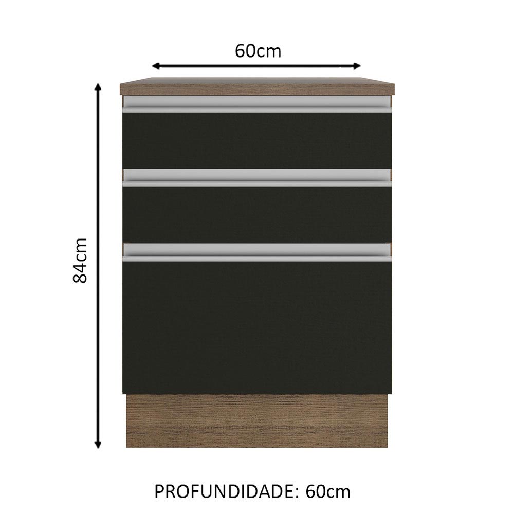 Balcão Madesa Glamy 60 x 60 cm 3 Gavetas (Com Tampo) Rustic/Preto