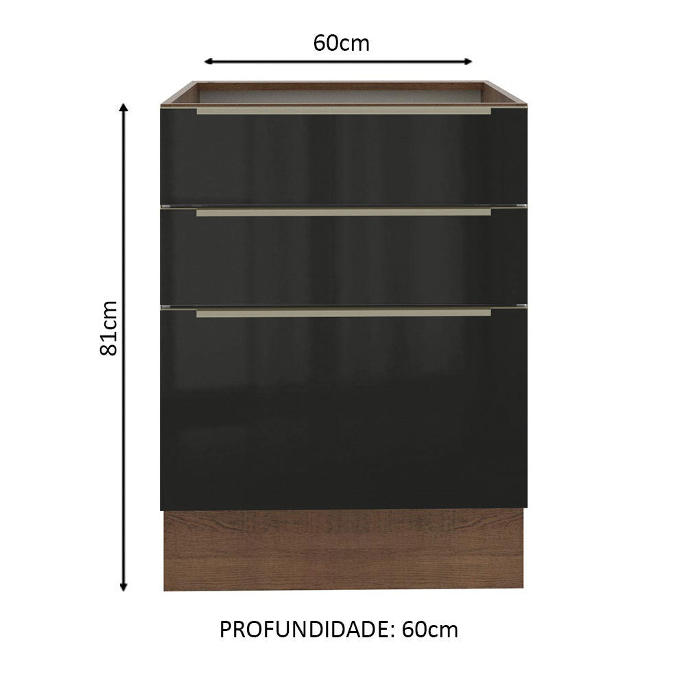 Balcão Madesa Lux 60 cm 3 Gavetas (Sem Tampo) Rustic/Preto