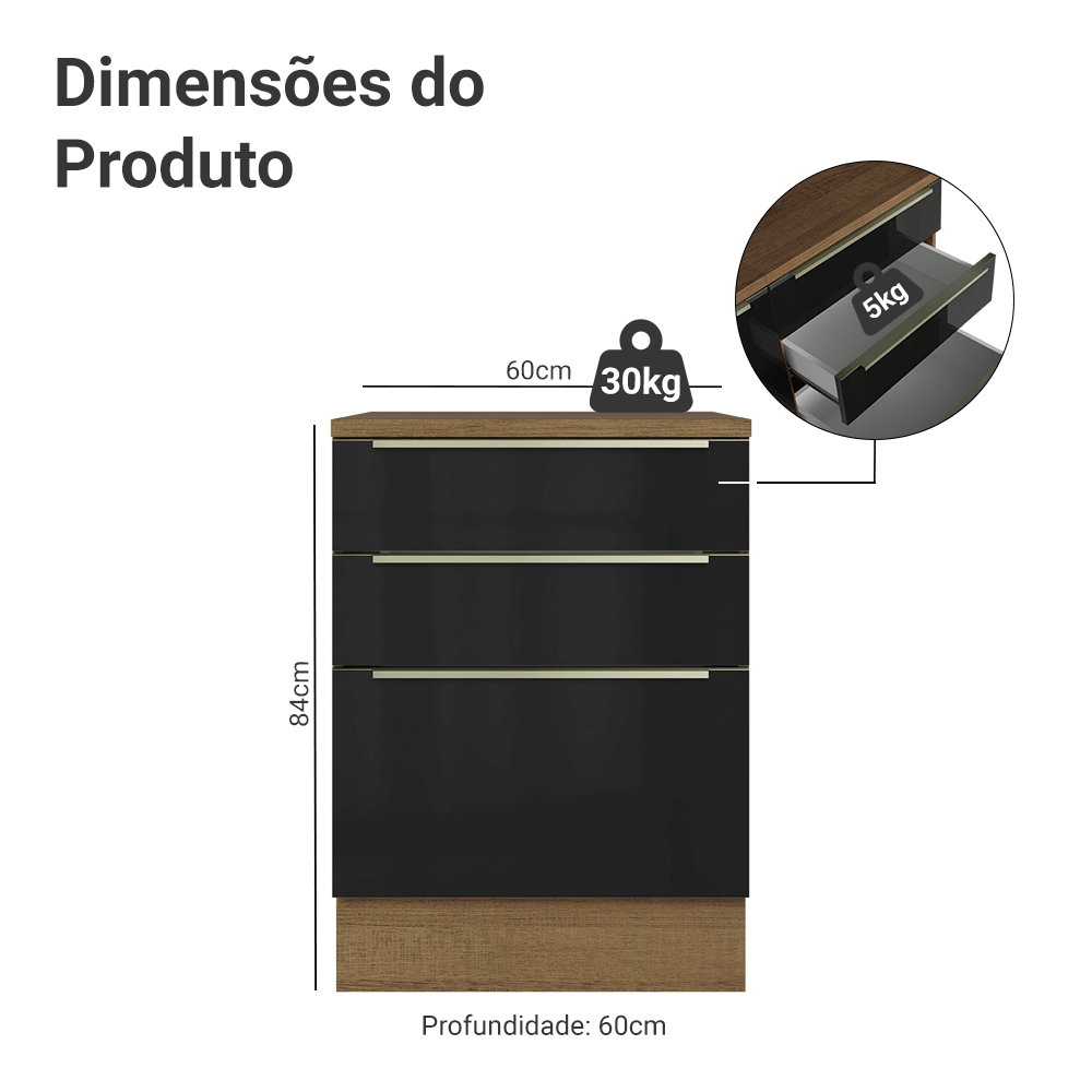Balcão 60 x 60 cm 3 Gavetas (Com Tampo) Rustic/Preto Lux Madesa