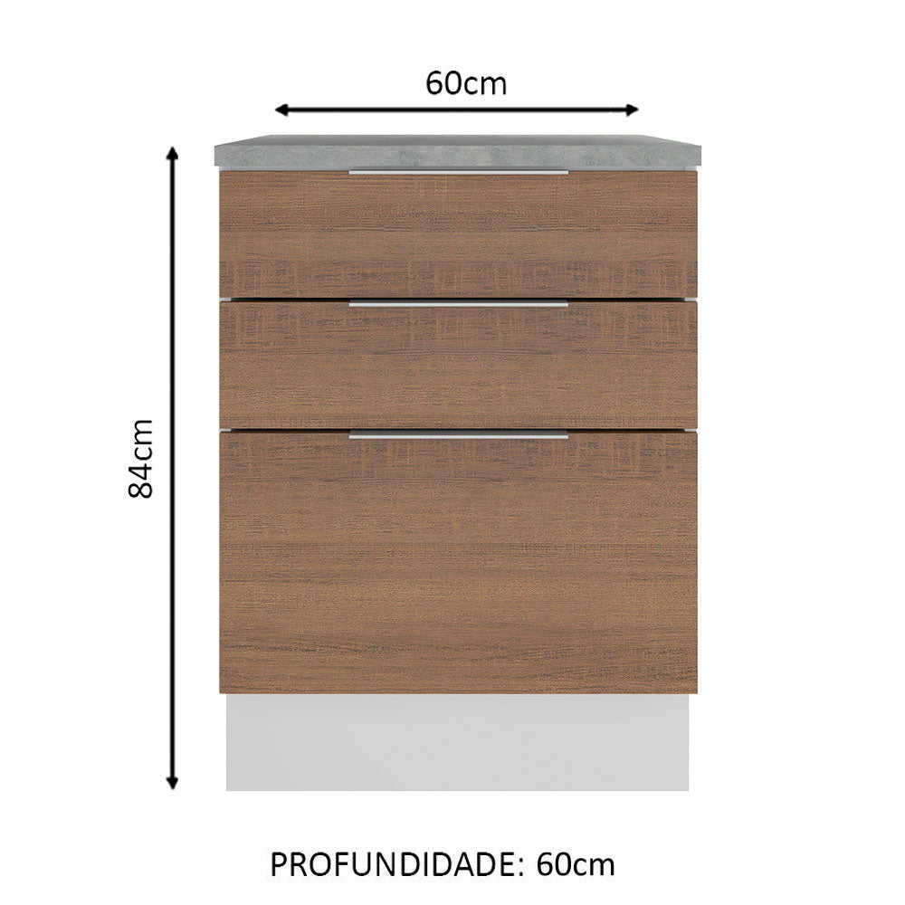 Balcão Madesa Stella 60 x 60 cm 3 Gavetas (Com Tampo) Branco/Rustic
