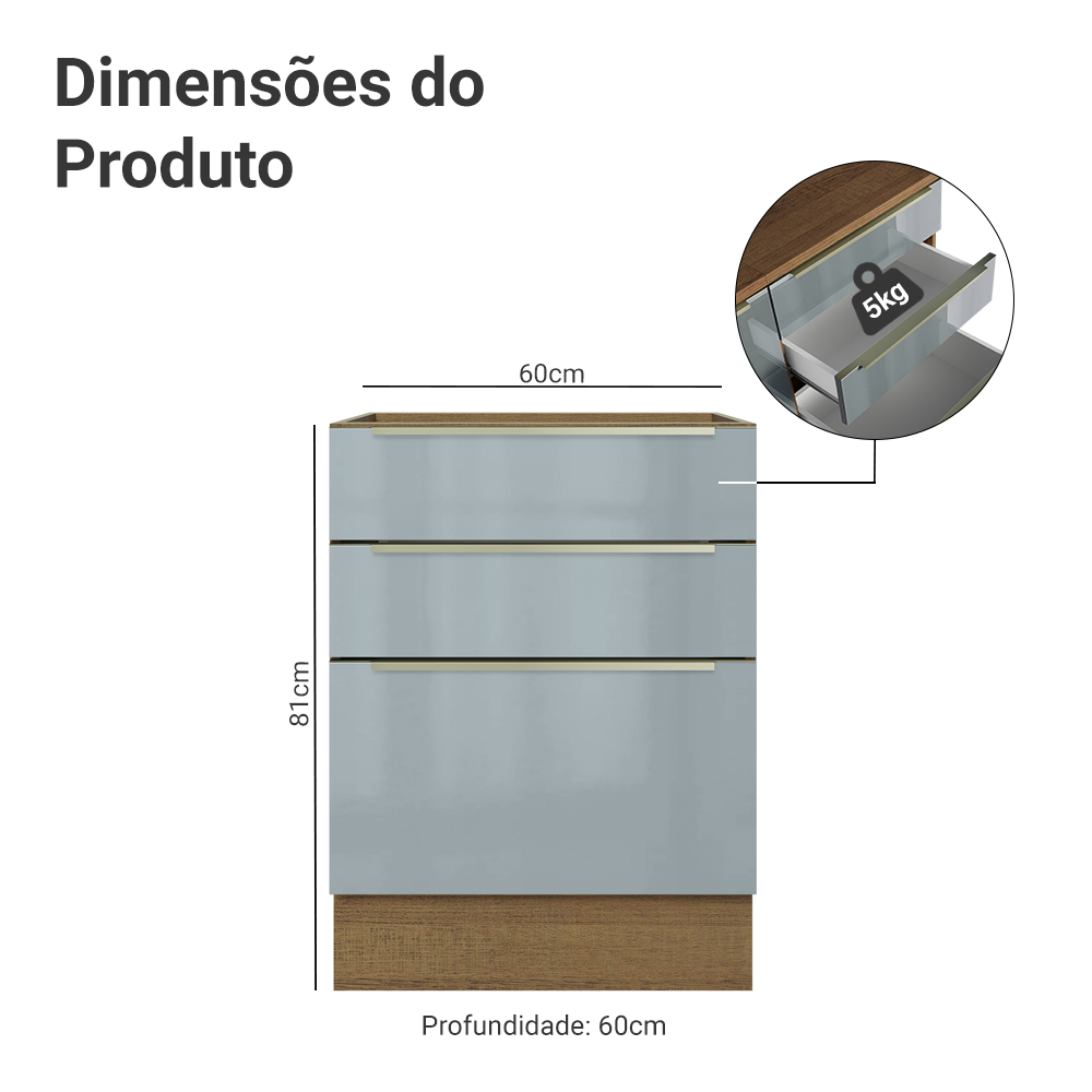 Balcão de Cozinha 60 x 60 cm 3 Gavetas (Sem Tampo) Rustic/Cinza Lux Madesa