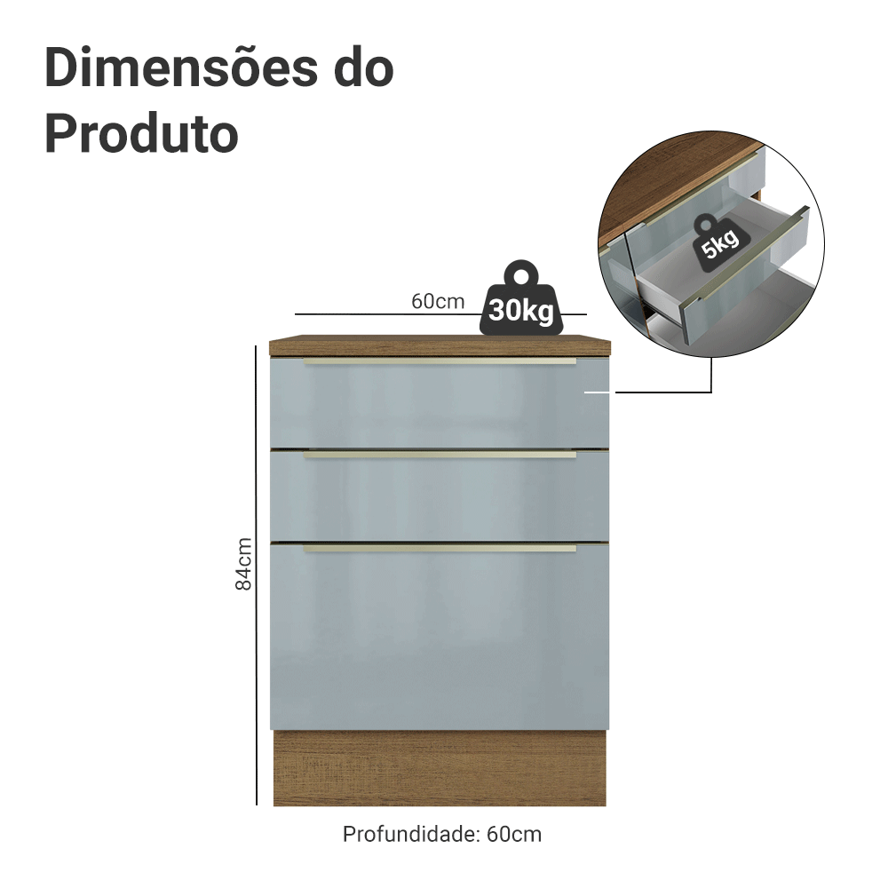 Balcão 60 x 60 cm 3 Gavetas (Com Tampo) Rustic/Cinza Lux Madesa