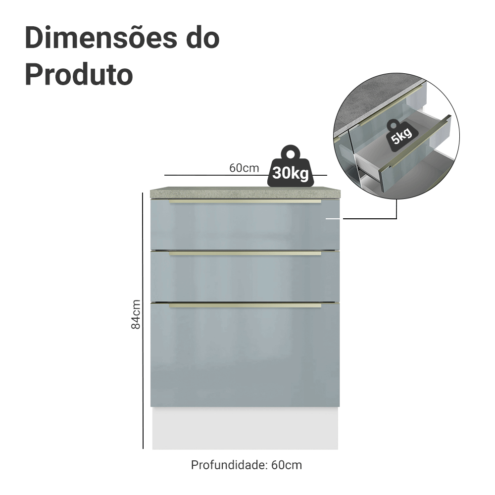 Balcão 60 x 60 cm 3 Gavetas (Com Tampo) Branco/Cinza Lux Madesa