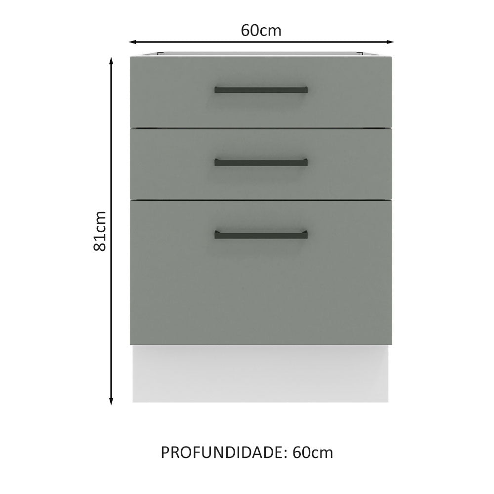 Balcão Madesa Agata 60 x 60 cm 3 Gavetas (Sem Tampo) Branco/Cinza