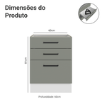 Balcão Madesa Agata 60 x 60 cm 3 Gavetas (Sem Tampo) Branco/Cinza