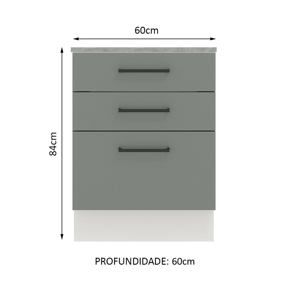 Balcão Madesa Agata 60 x 60 cm 3 Gavetas (Com Tampo) Branco/Cinza