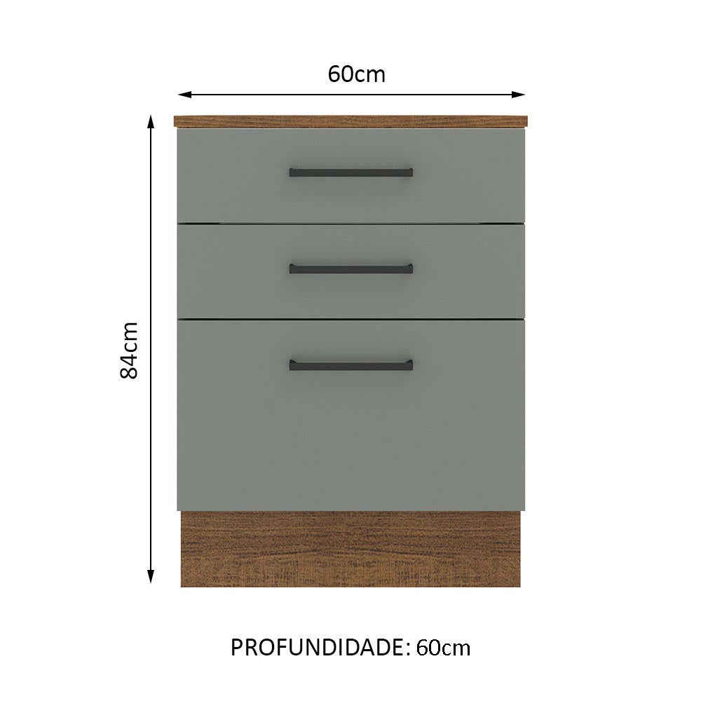 Balcão Madesa Agata 60 x 60 cm 3 Gavetas (Com Tampo) Rustic/Cinza