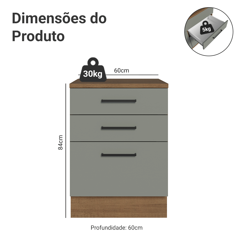 Balcão Madesa Agata 60 x 60 cm 3 Gavetas (Com Tampo) Rustic/Cinza