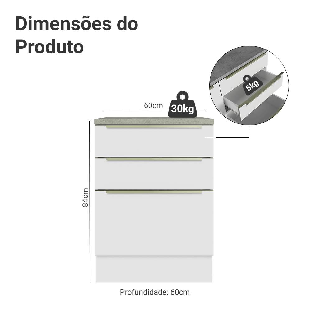 Balcão 60 x 60 cm 3 Gavetas (Com Tampo) Branco/Branco Veludo Lux Madesa