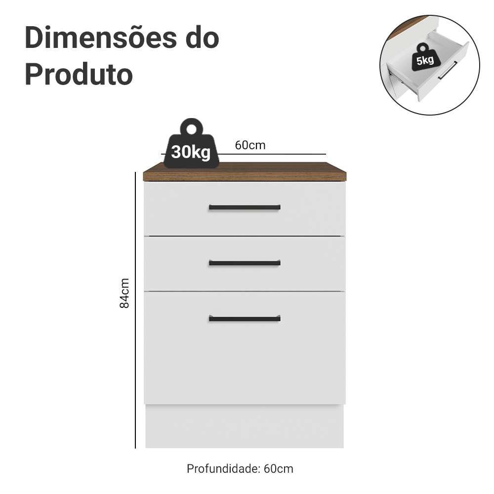 Balcão de Cozinha 60 x 60 cm 3 Gavetas Branco Tampo Rustic Agata Madesa