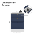 Balcão de Cozinha 60 x 60 cm 3 Gavetas (Com Tampo) Branco/Azul Vik Madesa